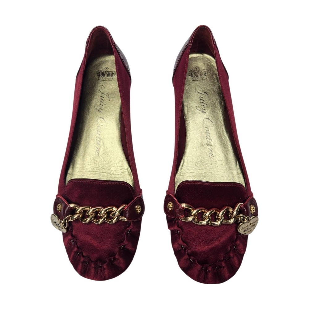 Juicy Couture Satin Burgundy Ballet Flats 7 Gold Heart Charm Chain Y2K McBling